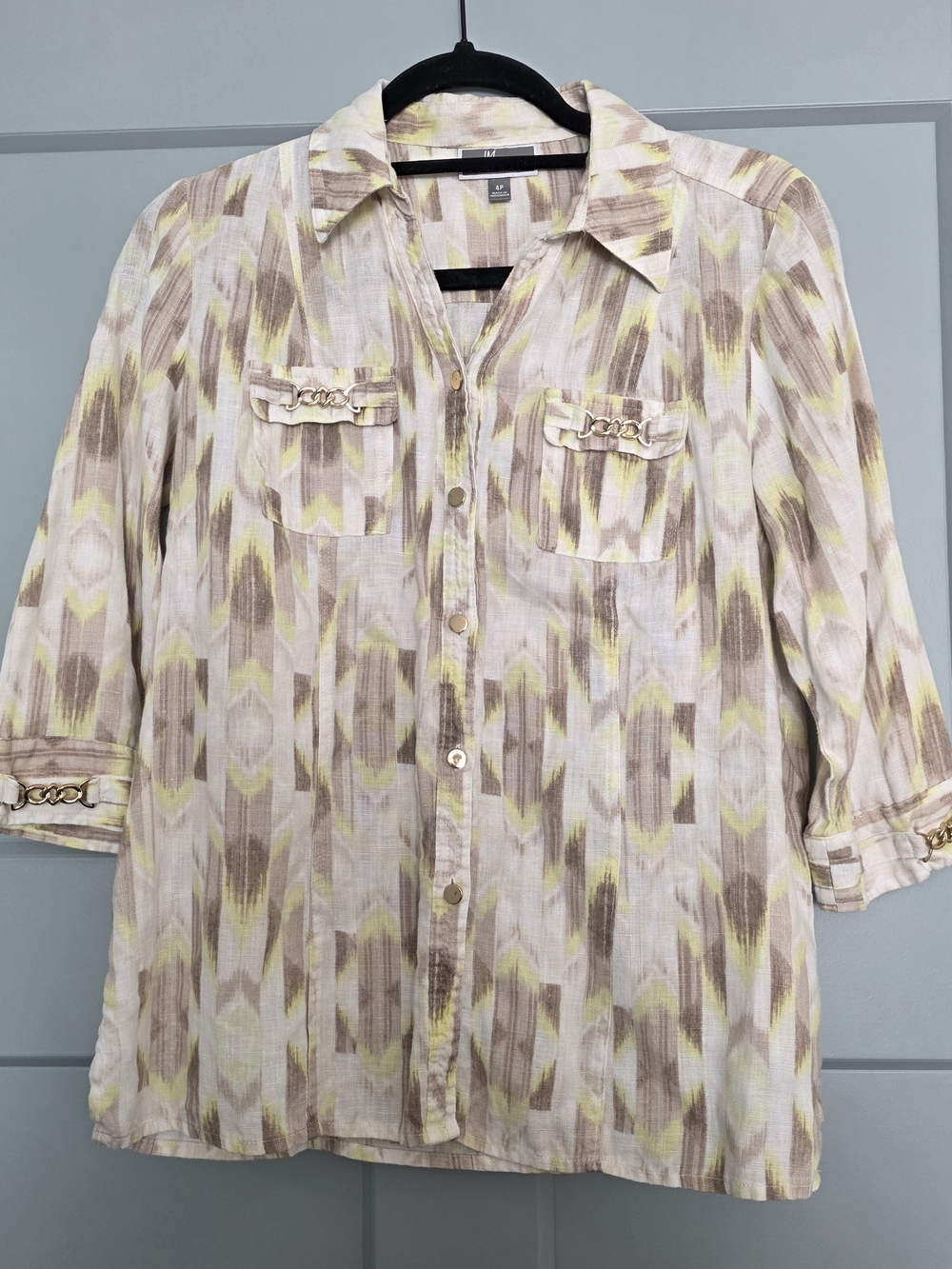 JM Collection Linen Button Down Top 4P Neutral Ikat Gold Chain Accent